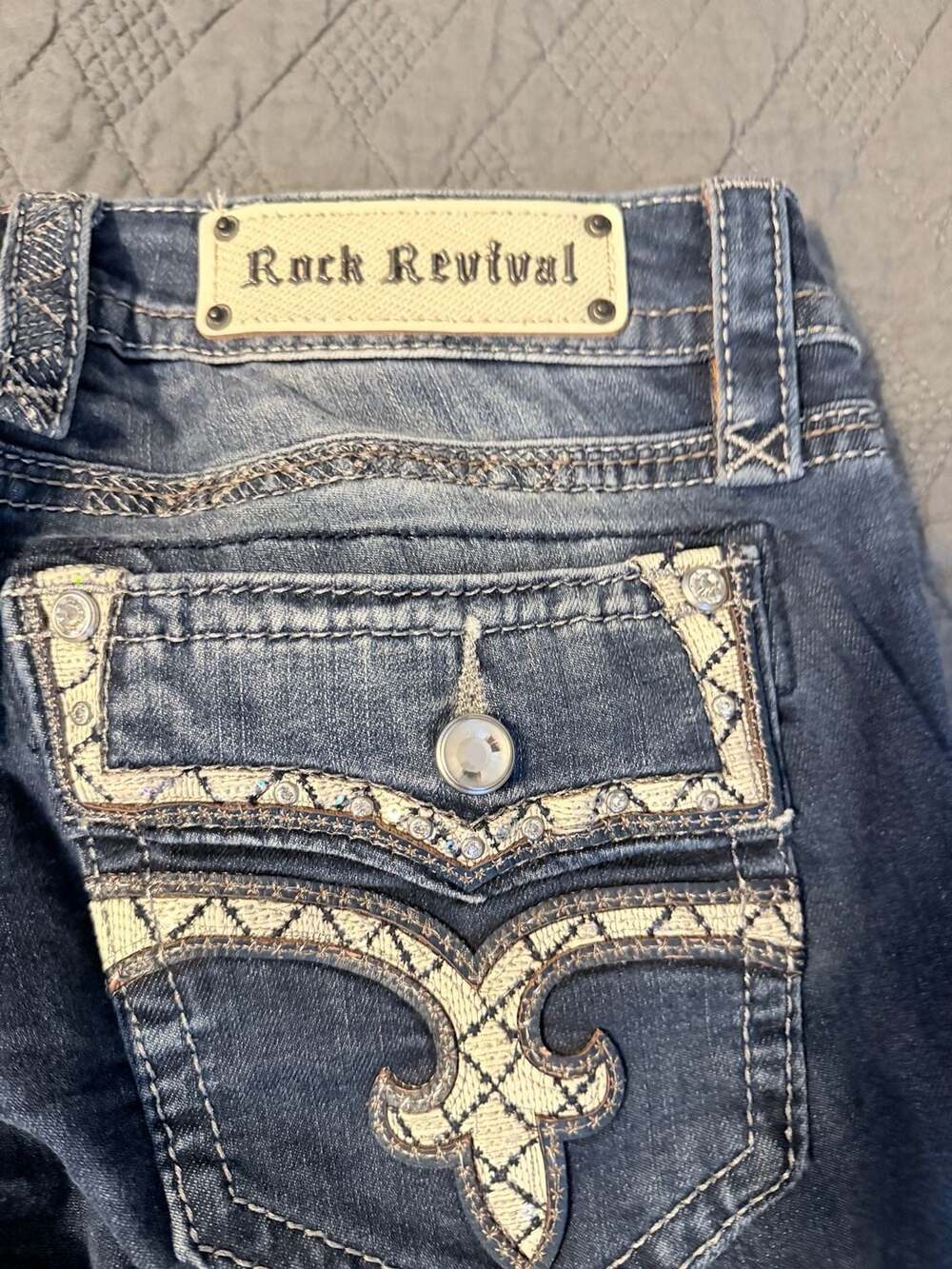 Rock Revival Blake Easy Boot Jeans Women Medium Wash Thick Stitch Flap Pocket 30